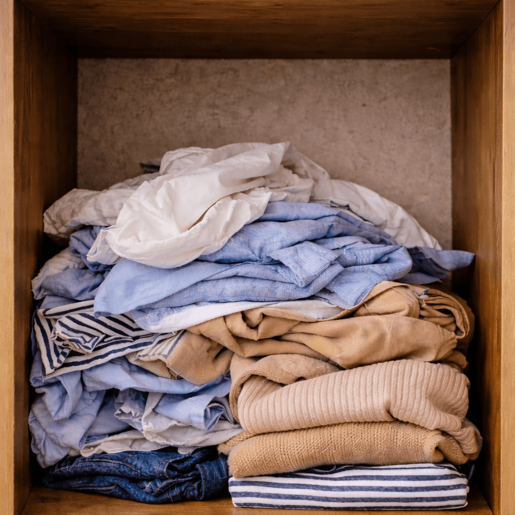 Messy overcrowded wardrobe shelf before using StackSmart