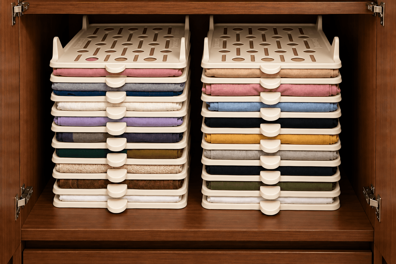 Organized wardrobe shelf with StackSmart storage