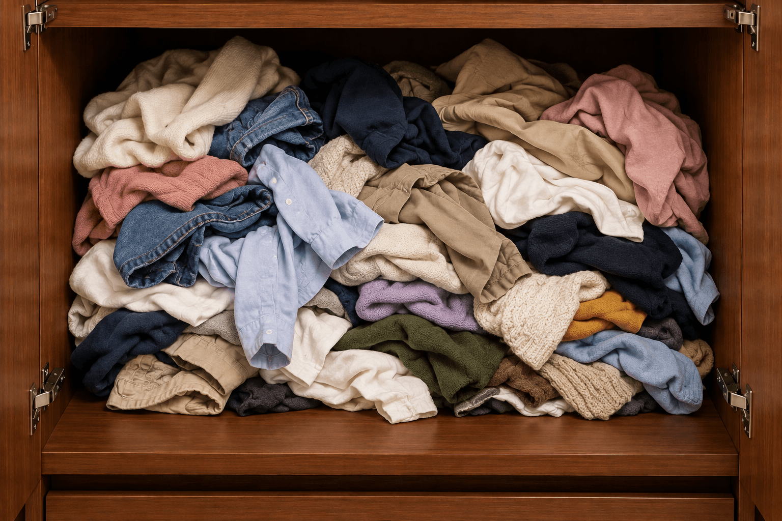 Messy overcrowded wardrobe shelf before using StackSmart
