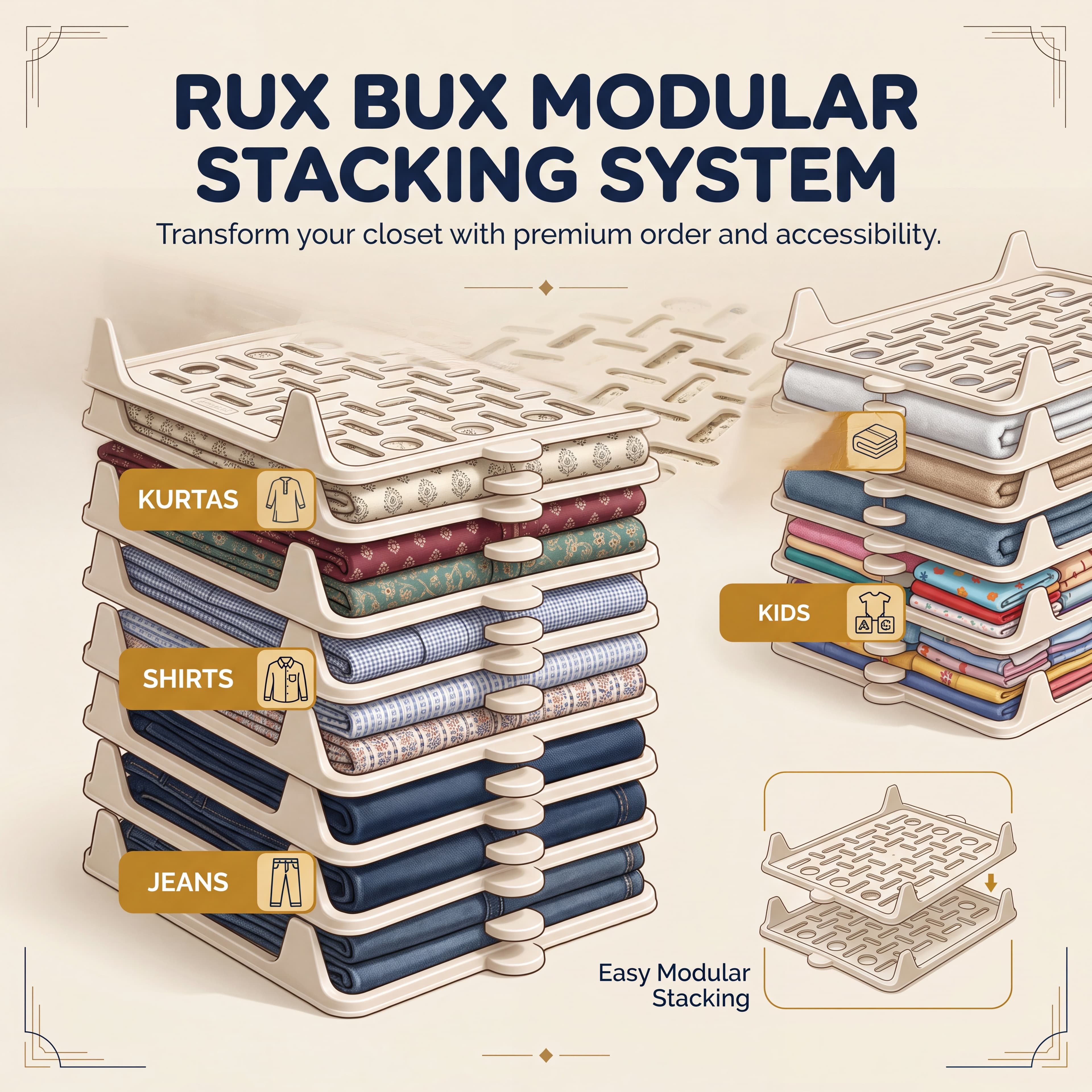 StackSmart Organizer keeping shirts and jeans neatly stacked