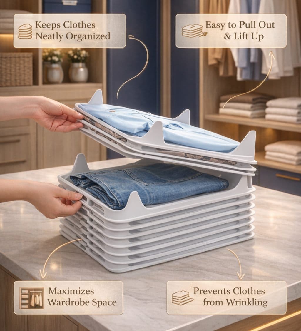 StackSmart Organizer keeping shirts and jeans neatly stacked