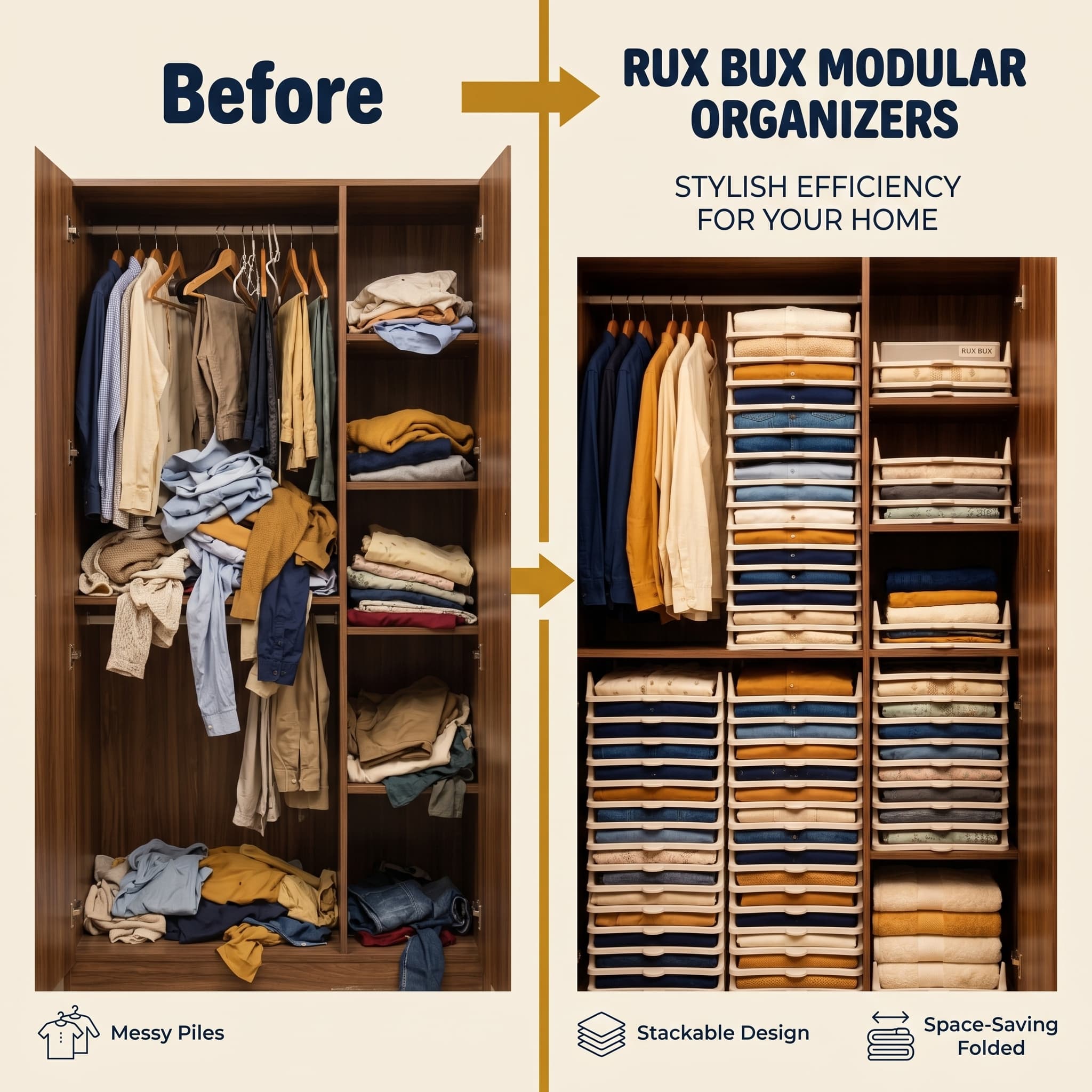 Before and after wardrobe organization with RUX BUX modular organizers